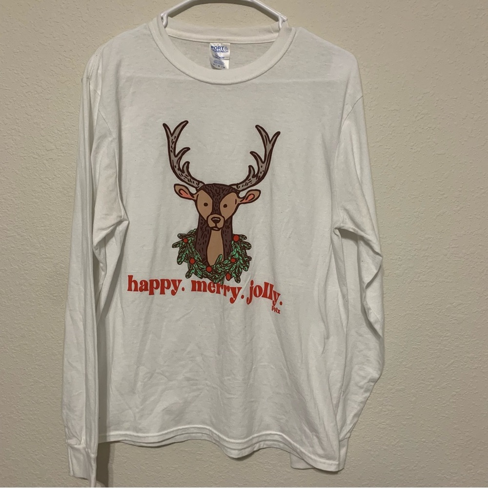 Port & Company Christmas White Festive Reindeer Lightweight Long Sleeve‎ Shirt